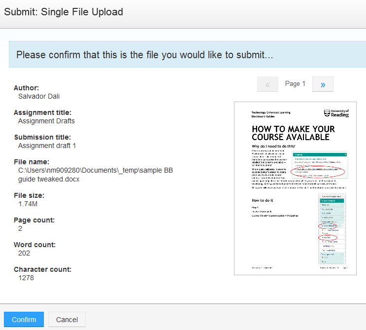 Screenshot of the Turnitin confirm submission screen