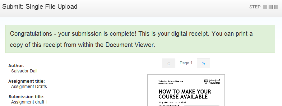 Screenshot of the Turnitin submission successful screen
