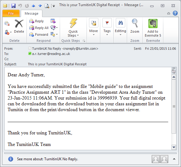 Screenshot of a TurnitinUK Digital Receipt email