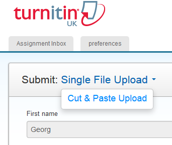 Screenshot showing the Turnitin Submit by Cut & Paste option