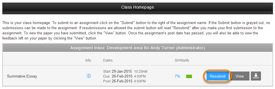 Screenshot showing a Turnitin assignment where the Resubmit button is active, so resubmissions are allowed.