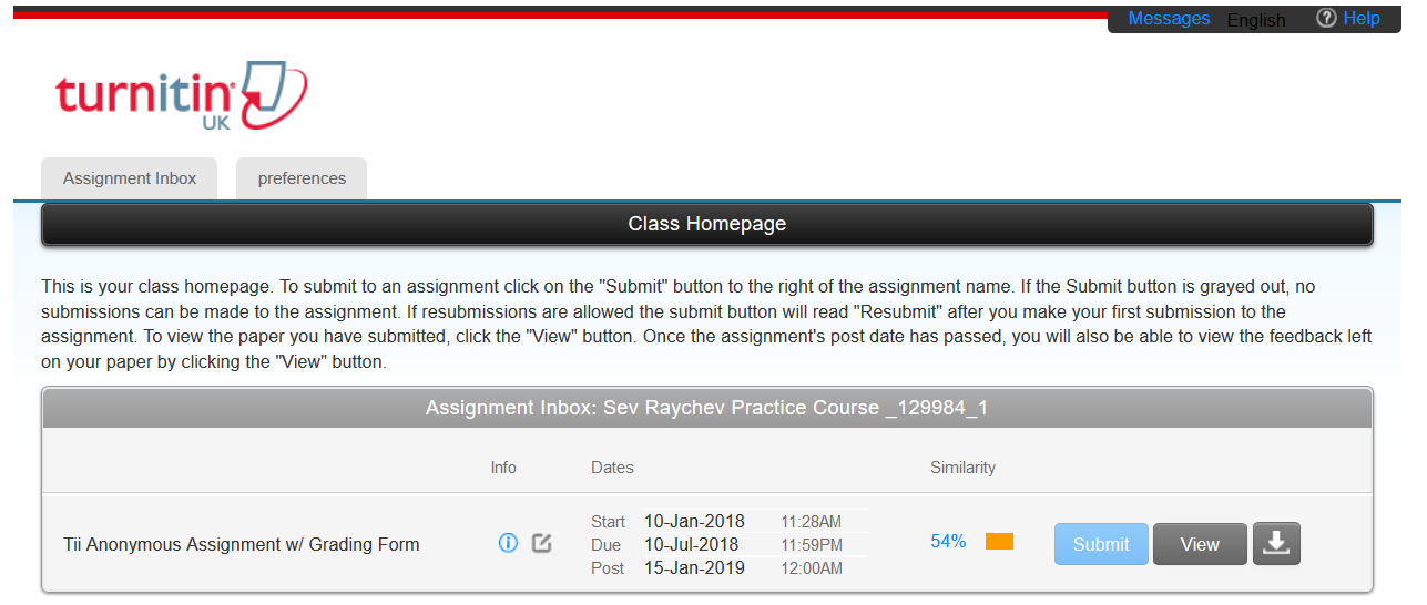 Screenshot showing a Turnitin assignment where the Submit button is inactive, so no further submissions are allowed.