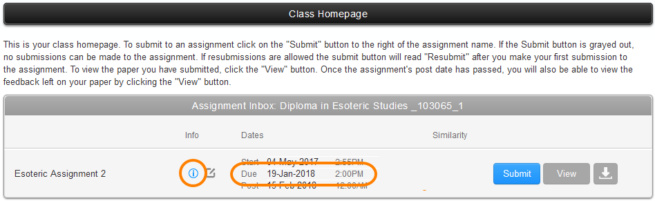 Screenshot showing the Assignment Information icon and Due Date information on a Turnitin assignment