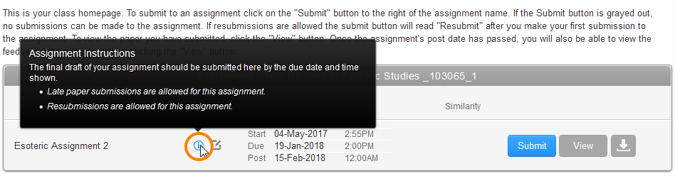 Screenshot showing information which appears when you hover over the Assignment Instructions icon