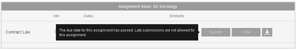 Screenshot of a Turnitin assignment where the due date has passed and no further submissions are possible