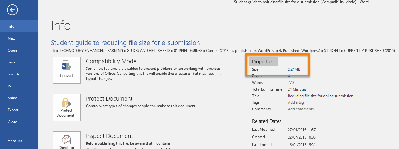 Screenshot showing the file Properties in Microsoft Word