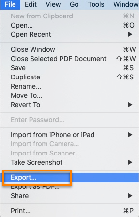 Screenshot showing the Mac File menu, with Export highlighted