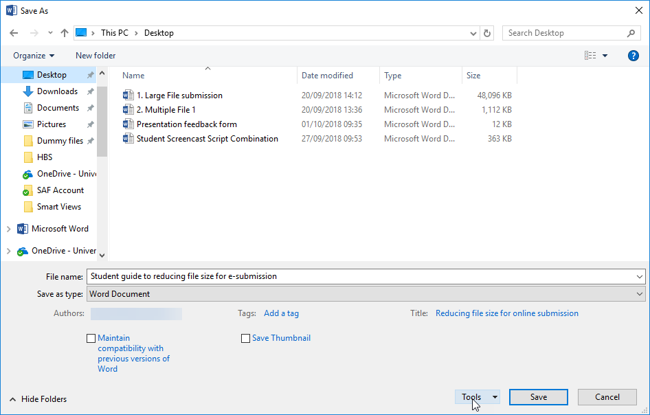 Screenshot showing the Save as dialogue window, with the Tools option selected