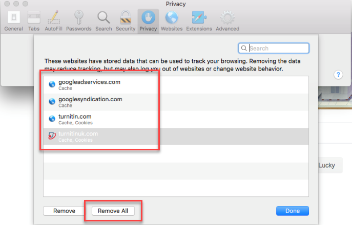 Snapshot of Safari Privacy settings