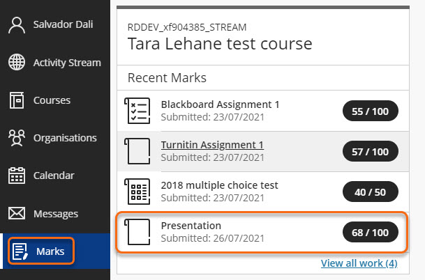 Marks from the Blackboard landing page, click on the assessment to open the My Marks page.