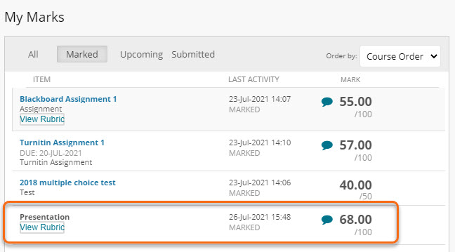 My Marks page showing marks and feedback for an assessment that happened outside of Blakboard, i.e. not using a Blackboard assessment tool.