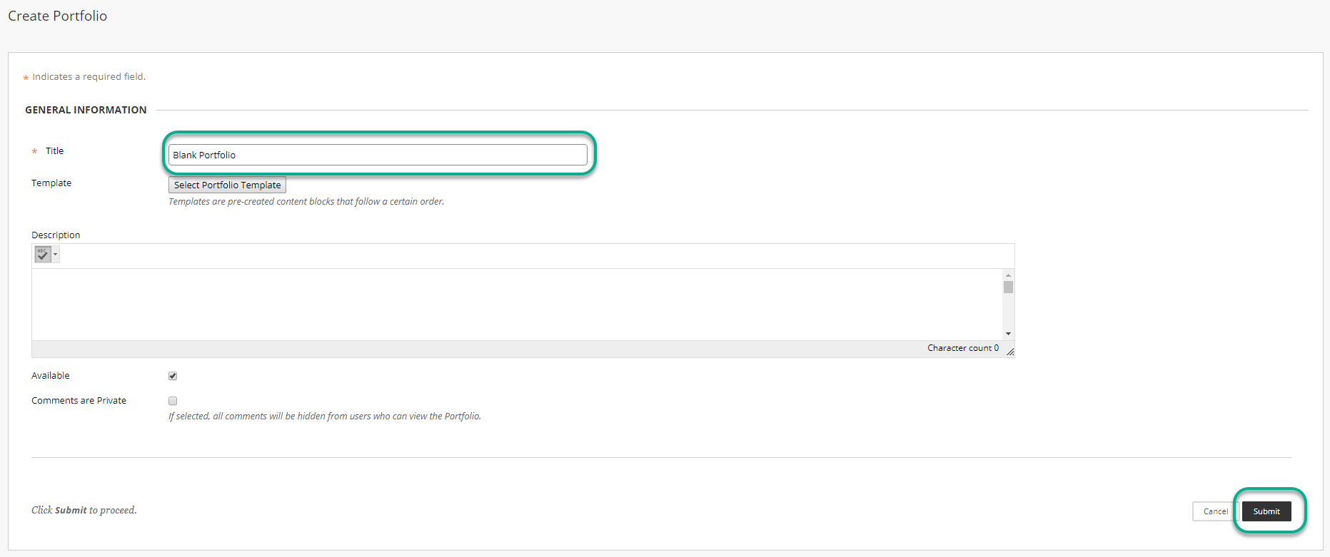 Showing the Portfolio creation page, name section and setting tick boxes