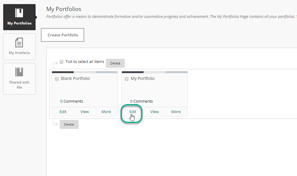 A view of the portfolio page in Blackboard and selecting edit