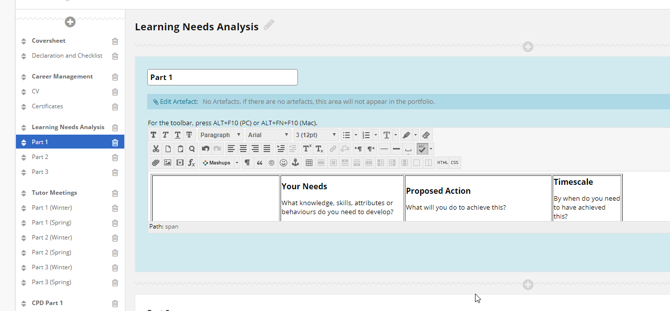 Showing the pasted table in the Blackboard Text Editor in the selected Content area.