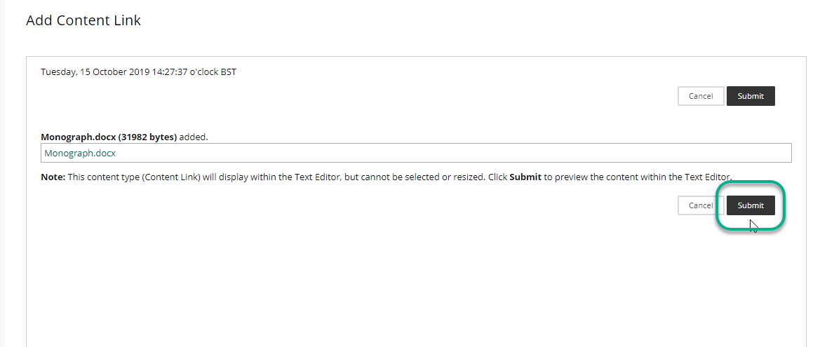 A screenshot of the content link window showing the document link. Highlighted is the submit button. 