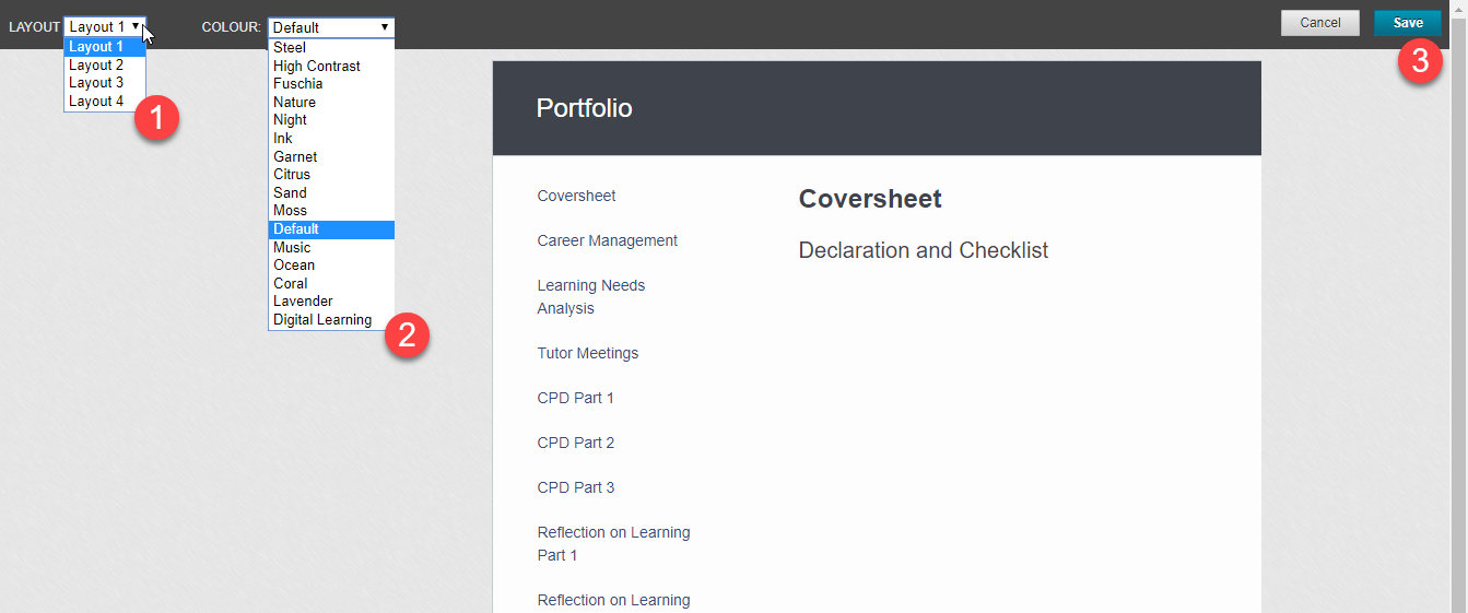 Screenshot of the Portfolio view and 1. changing the layout of the Menu , 2. changing the colour drop down menu. 3. The cancel and save buttons. 