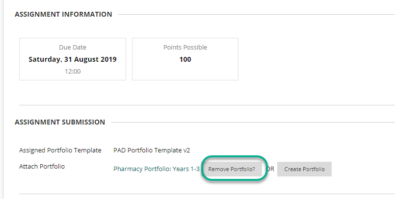 Screenshot of the Submission Screen. The portfolio is now attached, shown by the name. The Remove Portfolio Button is highlighted if you need to remove the portfolio and attach another.