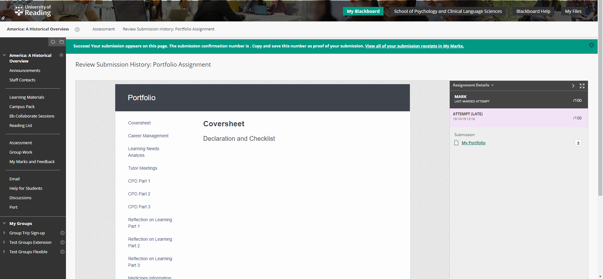 A screenshot of the Blackboard Submission area, with the green message of success at the top of the page and the Portfolio displaying to viewers.