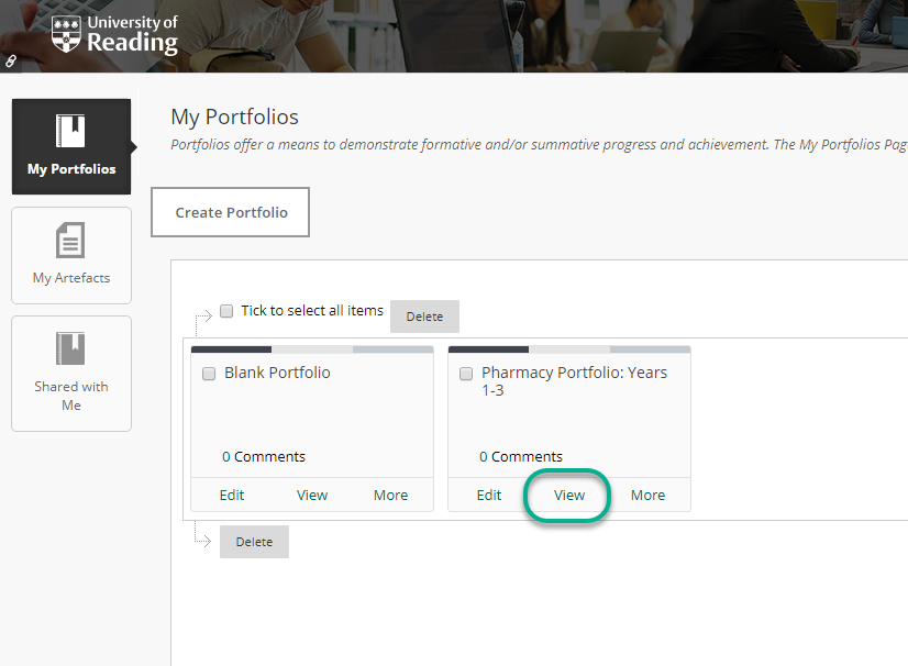 A screenshot of the My Portfolios area, highlighting the portfolio and View button. 