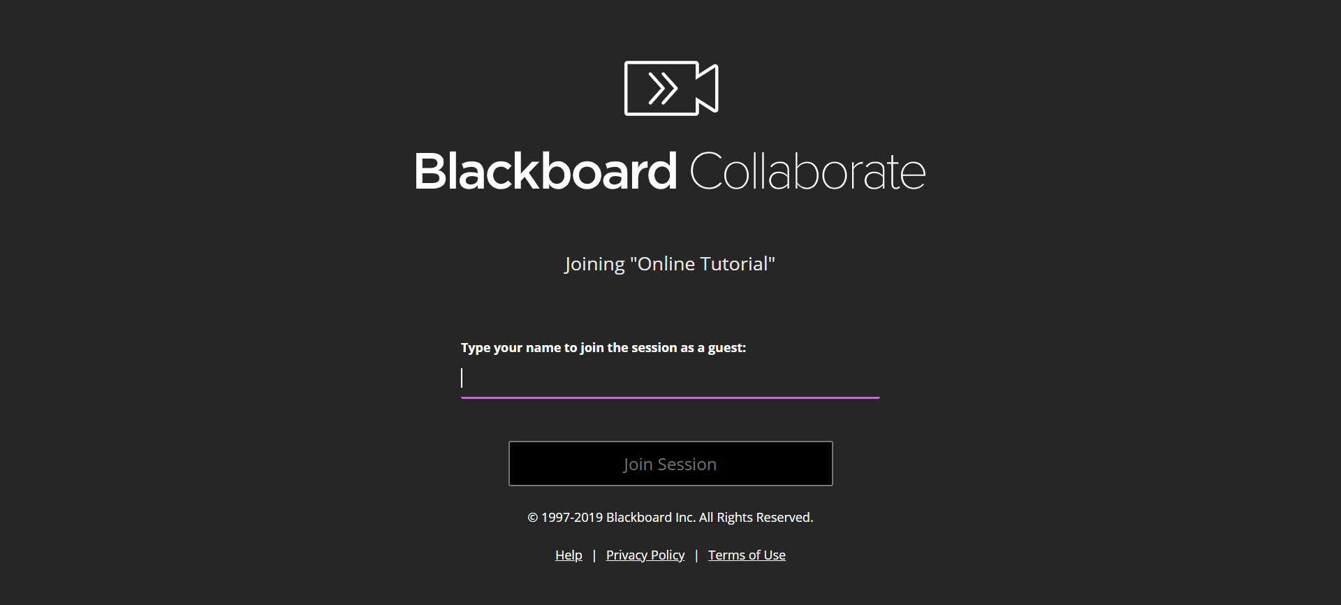 A screenshot of the Blackboard Collaborate Welcome Page. There is a Space to Add your name
