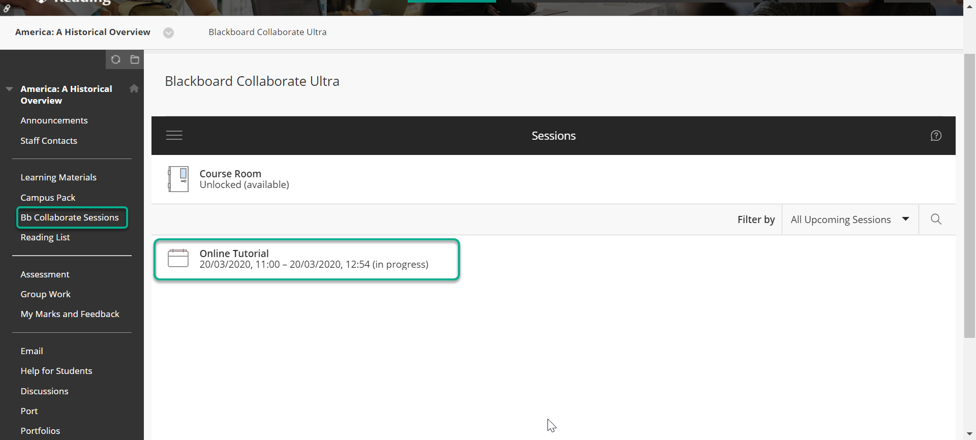 A screenshot of the Blackboard Collaborate Sessions area