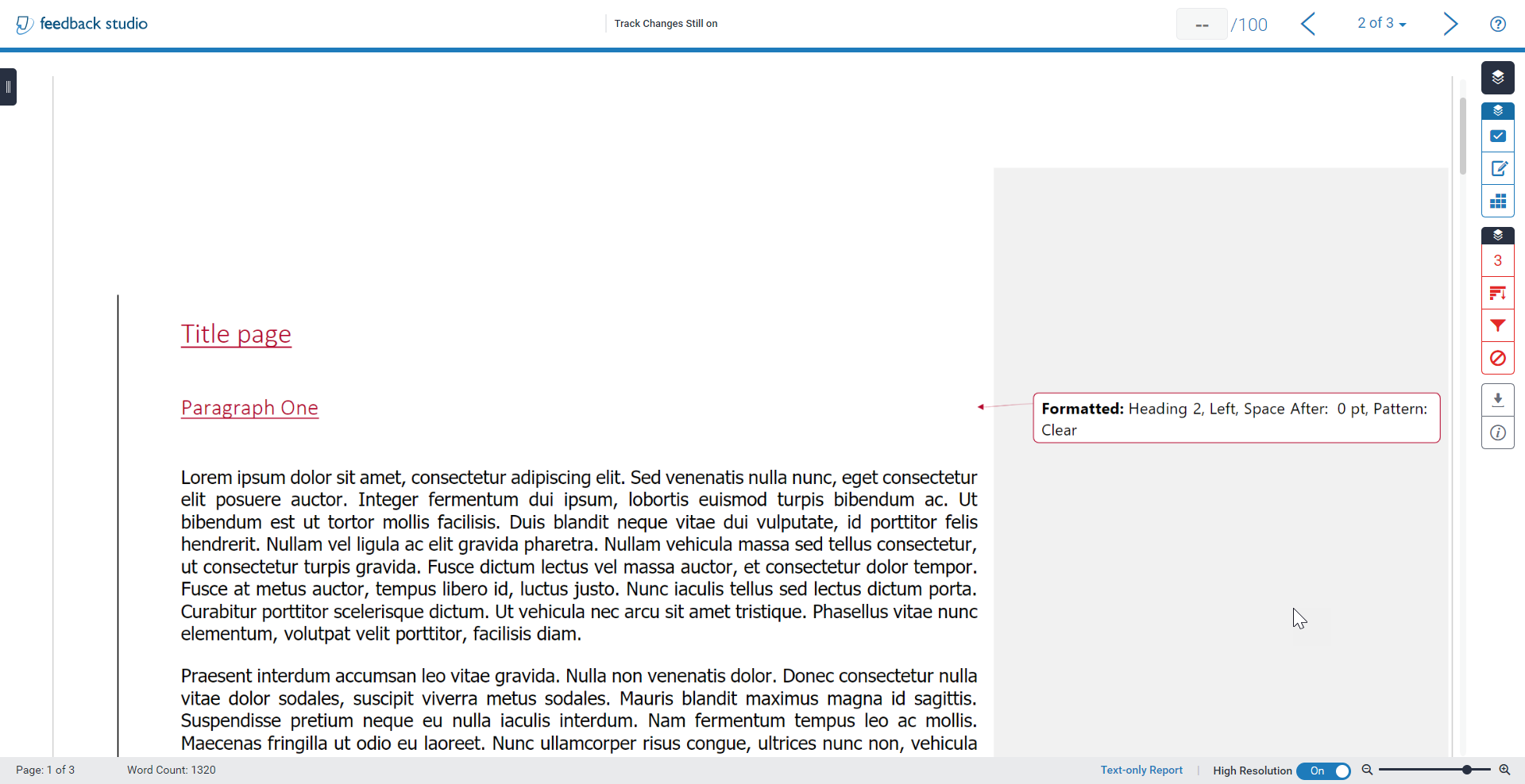 A screen shot of Track Changes showing in the Turnitin Feedback Studio