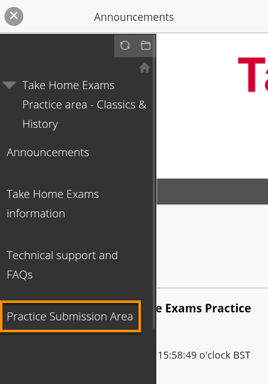 Blackboard course menu - mobile browser view