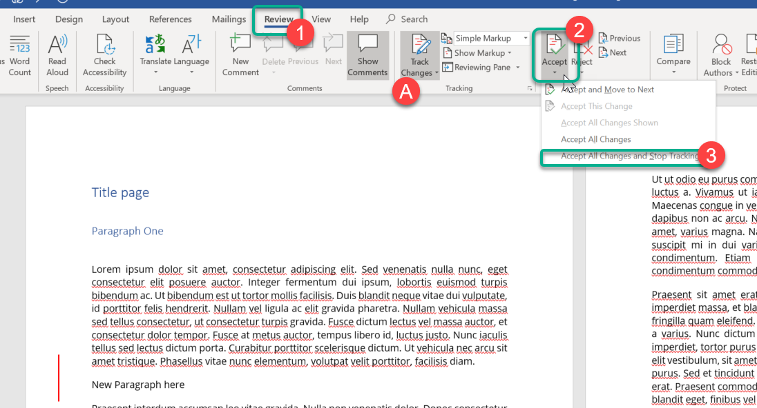A screenshot of steps one to three in Microsoft Word, accepting all tracked changes