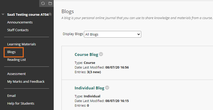 Link to Blogs on a course menu