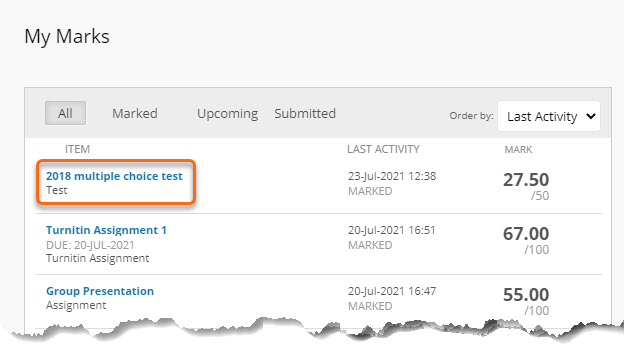 My Marks list of marked assessment with a test circled.