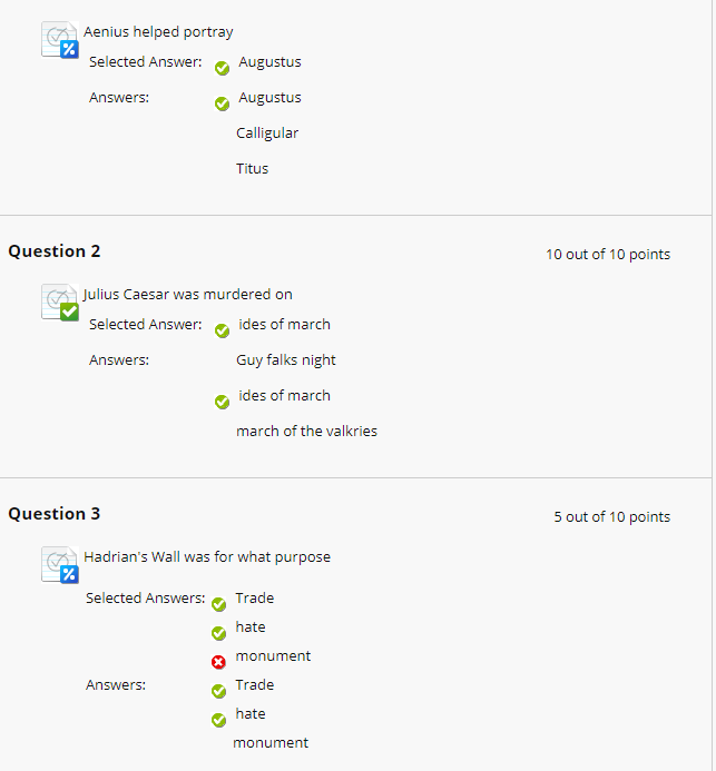 Showing the questions in the test and the given marks and correct marks