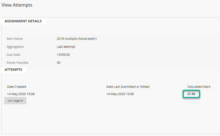 Showing the test results area and the need to click on the mark number to open the test.