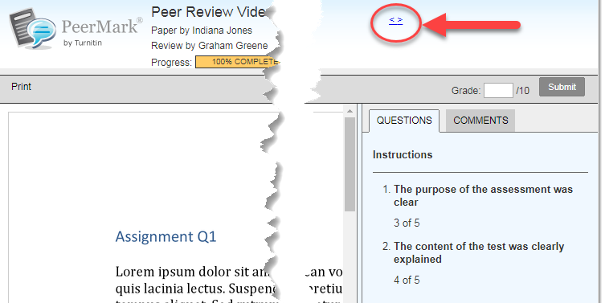 screenshot displaying the arrows to move between PeerMark reviews