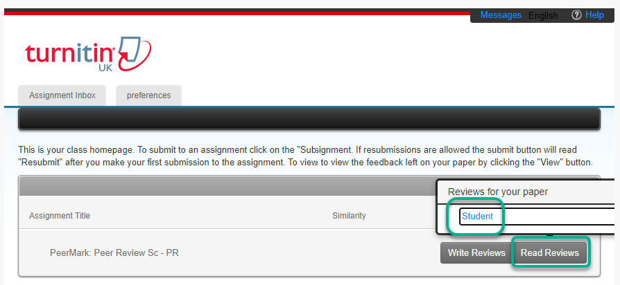 In the Turnitin Assignment area, showing the Read Review menu open and the list of papers