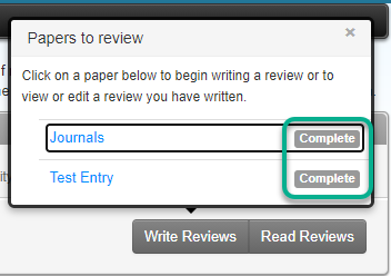 The Write reviews menu of papers showing their status as complete