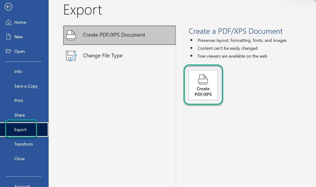 Showing the Export menu item in a Word Document to save as pdf
