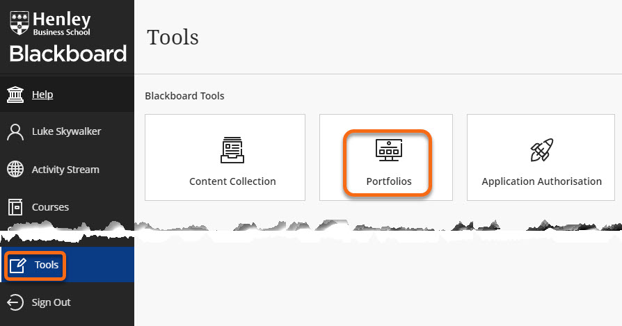 Blackboard menu with Tools page open and Portfolios button indicated on image