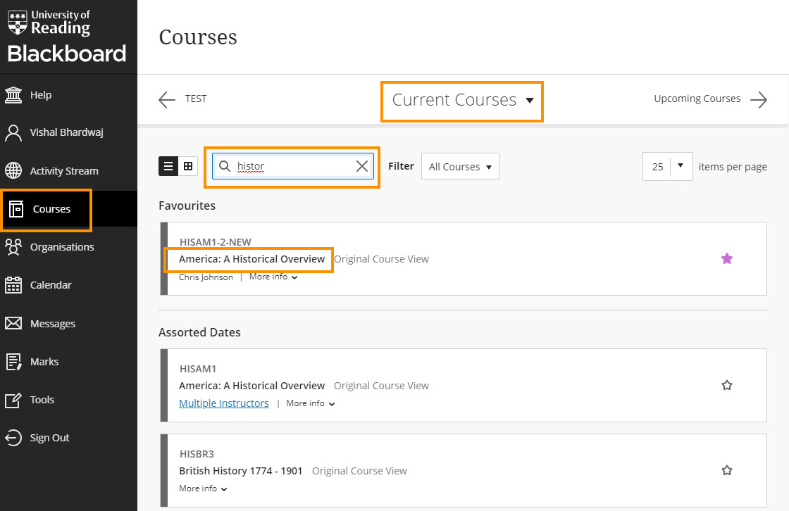An overview of the Courses page