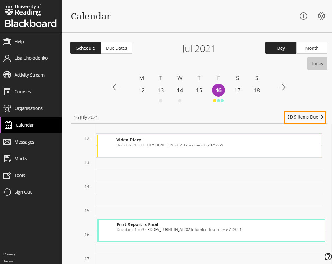 Due dates in the Blackboard Calendar