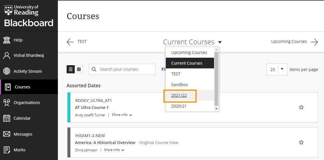 Screenshot of the Courses page, showing how to filter by academic year