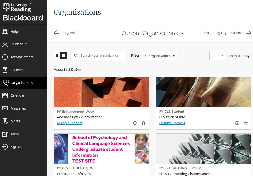 Screenshot of the Organisations page, displayed as tiles