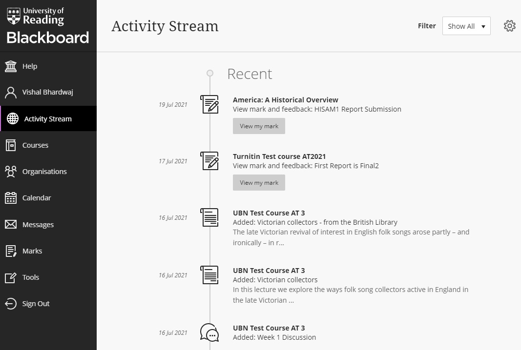 Screenshot of the Activity Stream for a student