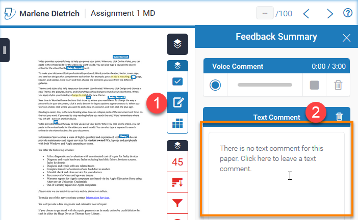Image showing expanded sidebar and highlighted general comments Box - "Text Comment"