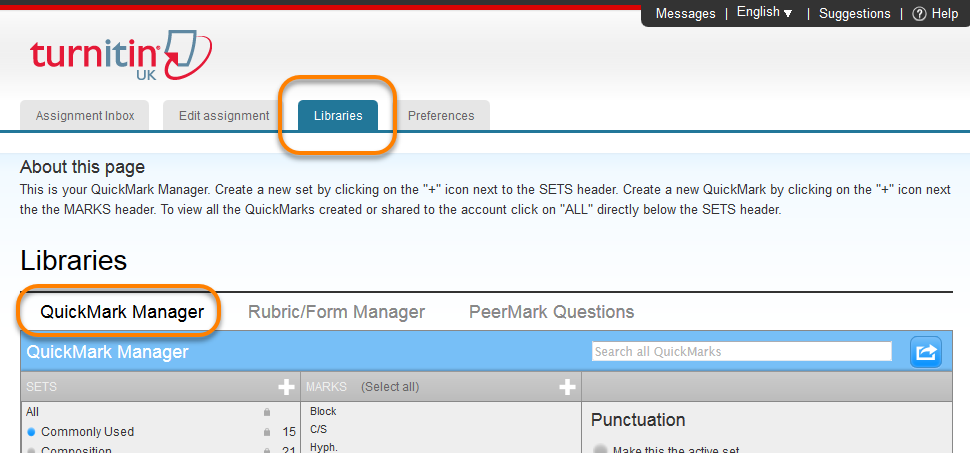 image showing the turnitin interface with the tab libraries highlighted and the subrab QuickMark Manager selected