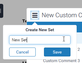 image showing the new popup which appears when "create new set" is selected, where the set's name should be entered with save ansd cancel buttons below it