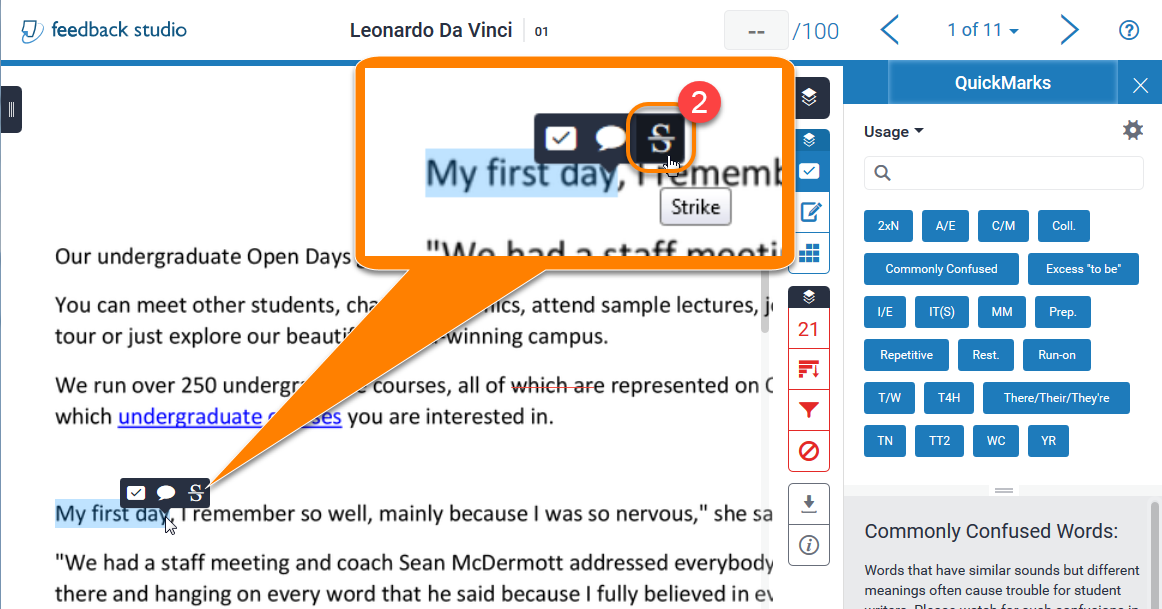 Selecting a Strikethrough comment