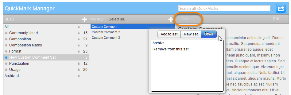an image showing the actions button clicked, Other selected below it and the options to archive and remove from this set below it