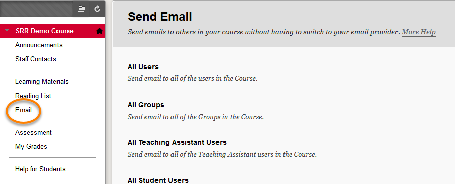 Course Menu showing the email menu item