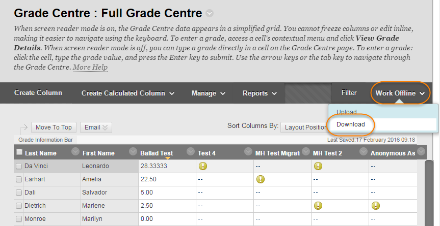 View of Blackboard Grade Centre, highlighting Work Offline menu button with Download