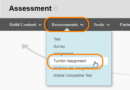 Assessments drop down menu in a content area, turnitin assignment selected.